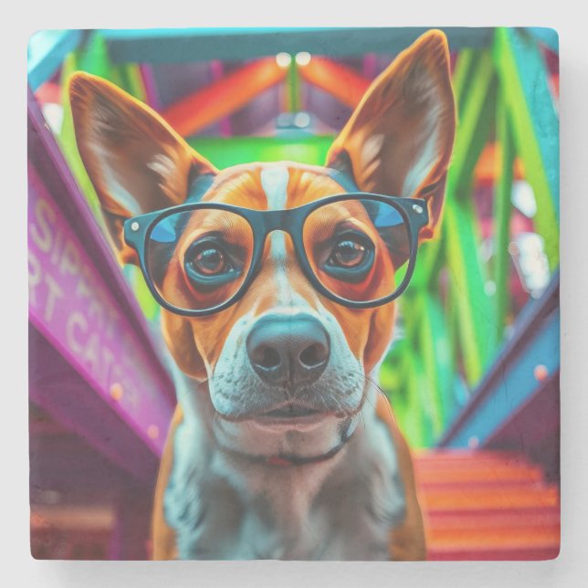 Cooler Hund mit Sonnenbrille Steinuntersetzer (Vorderseite)