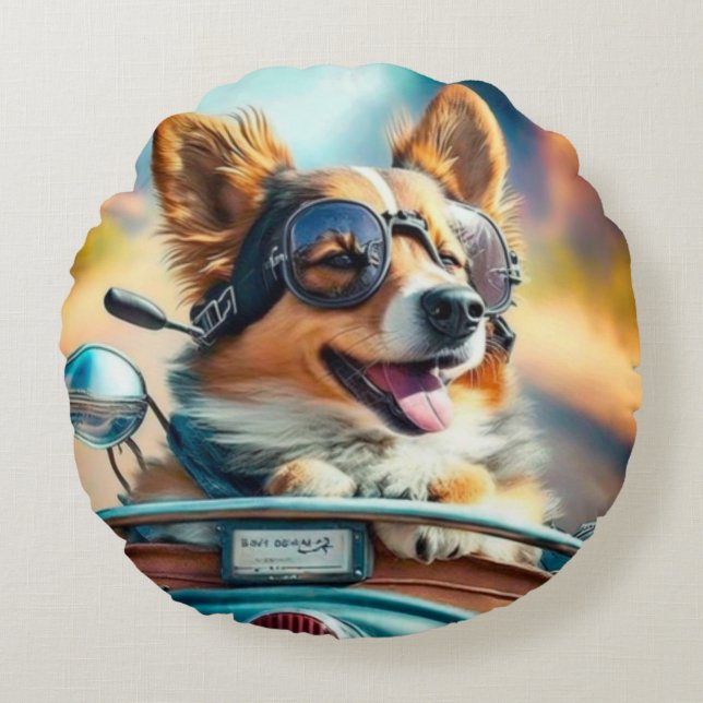 Cooler Hundbiker, niedlicher Hund runder Kissen (Vorderseite)