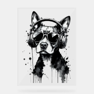 Cooler Hundekopfhörer Niedlich Haustiere Schwarzwe Acrylschild