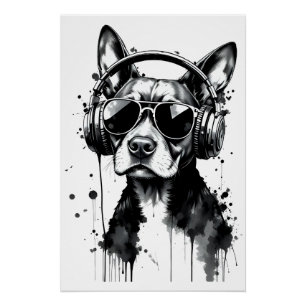Cooler Hundekopfhörer Niedlich Haustiere Schwarzwe Poster