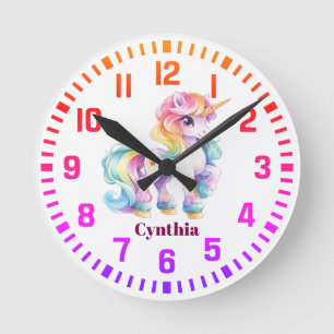 Cooler Individuelle Name Rainbow Unicorn Runde Wanduhr