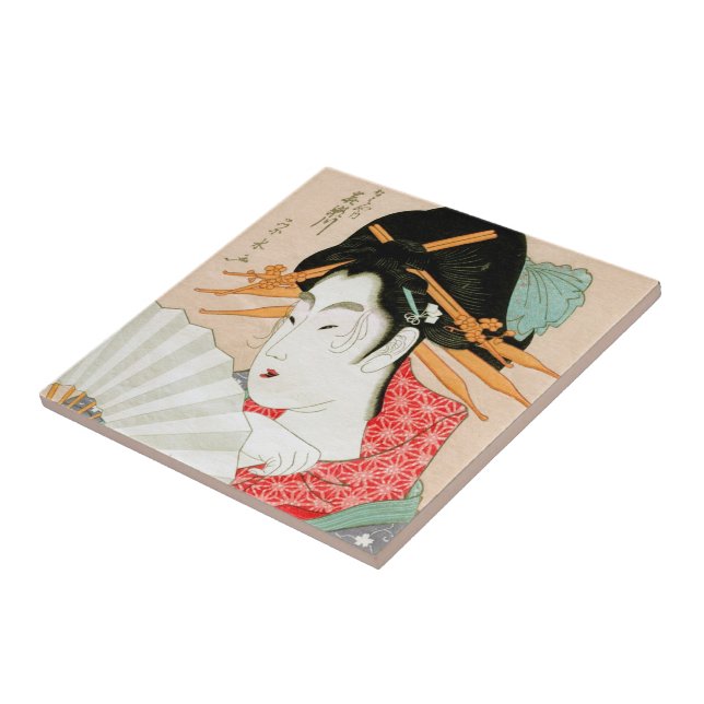 Cooler japanischer woodprint Geisha mit Fankunst Fliese (Seite)