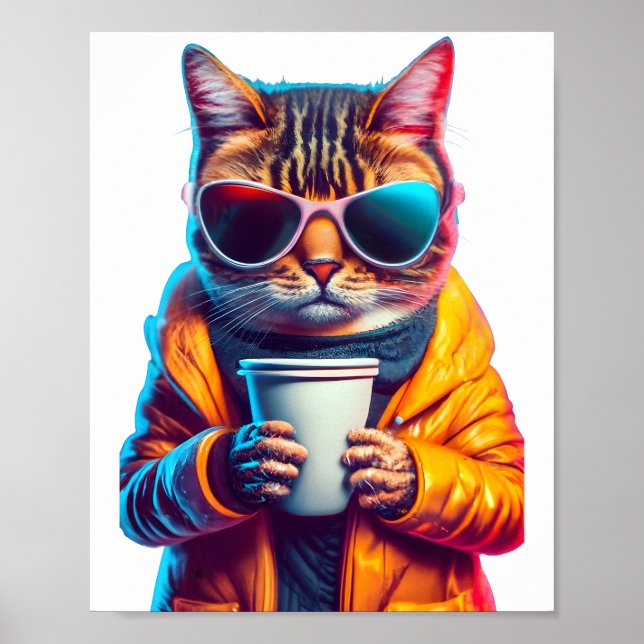 Cooler Kaffee Cat Moderne, stilvoll Poster (Vorne)