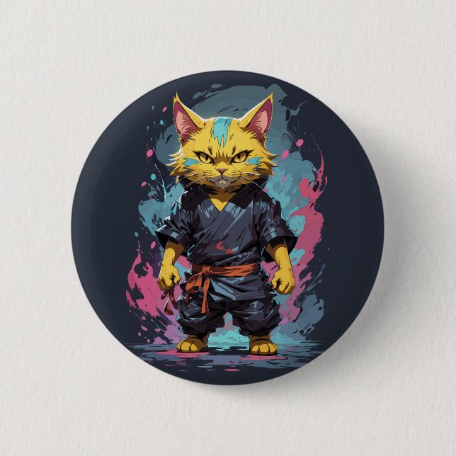 Cooler Katzenkrieger mit gelber Wasserfarbe Button (Vorderseite)