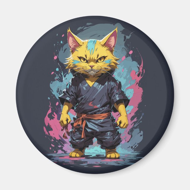 Cooler Katzenkrieger mit gelber Wasserfarbe Magnet (Vorne)