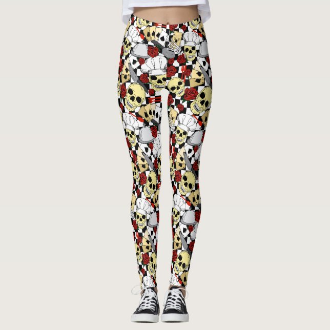 Cooler Koch Skull-Rote Rosen Schwarz-weiß Checkboa Leggings (Vorderseite)