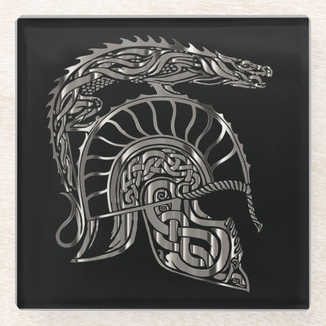 Cooler Krieger Metallic-Drachen-Helm Glasuntersetzer (Vorderseite)