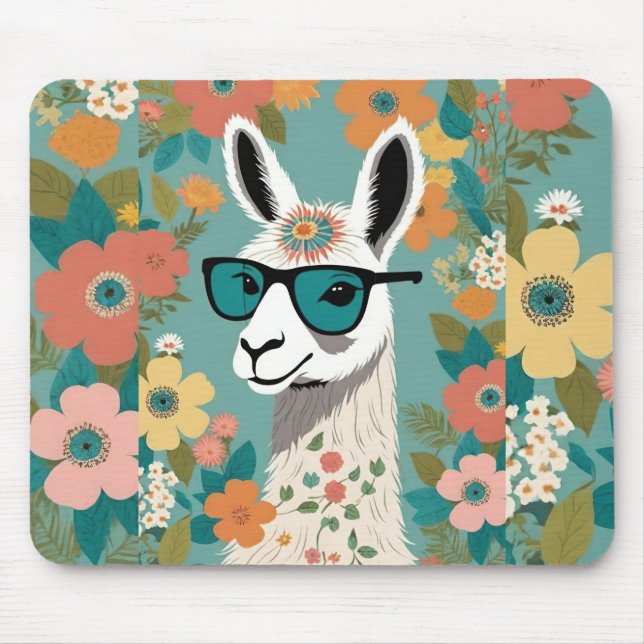 Cooler Lama mit Sonnenbrille floral Mousepad (Vorne)