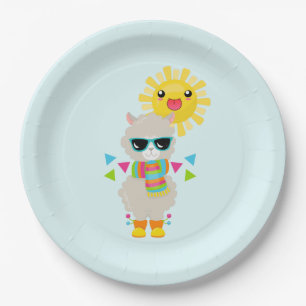 Cooler Lama und lächelnde Kawaii-Sonne Pappteller
