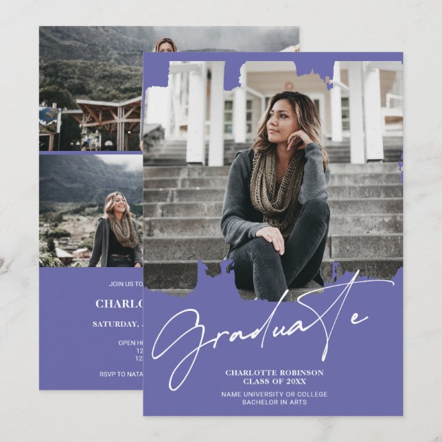 Cooler lila Blue-Graduate-Script-Foto-Abschluss Einladung (Vorne/Hinten)