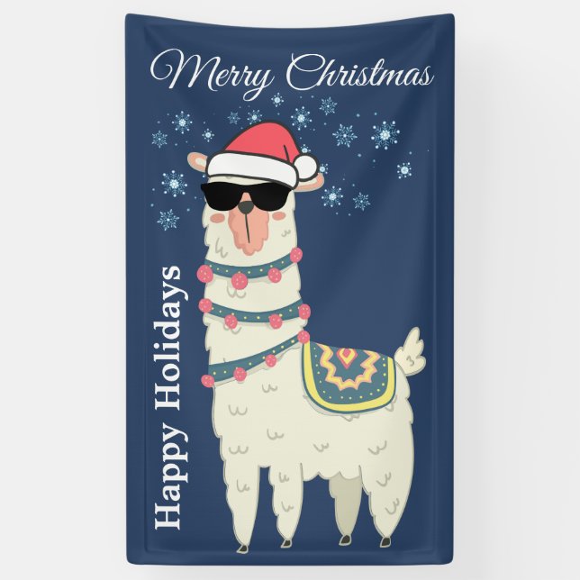 Cooler Llama in Weihnachtsmannmütze mit Schneefloc Banner (Vertikal)