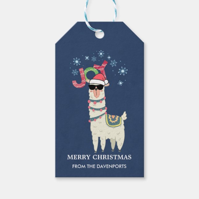Cooler Llama in Weihnachtsmannmütze mit Schneefloc Geschenkanhänger (Vorderseite)