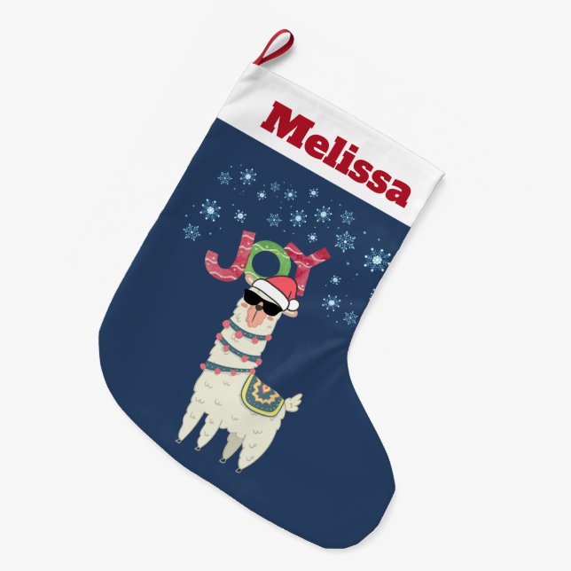 Cooler Llama in Weihnachtsmannmütze mit Schneefloc Großer Weihnachtsstrumpf (Vorderansicht (hängend))
