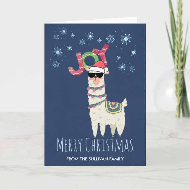 Cooler Llama in Weihnachtsmannmütze mit Schneefloc Karte (Vorderseite)