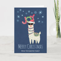 Cooler Llama in Weihnachtsmannmütze mit Schneefloc