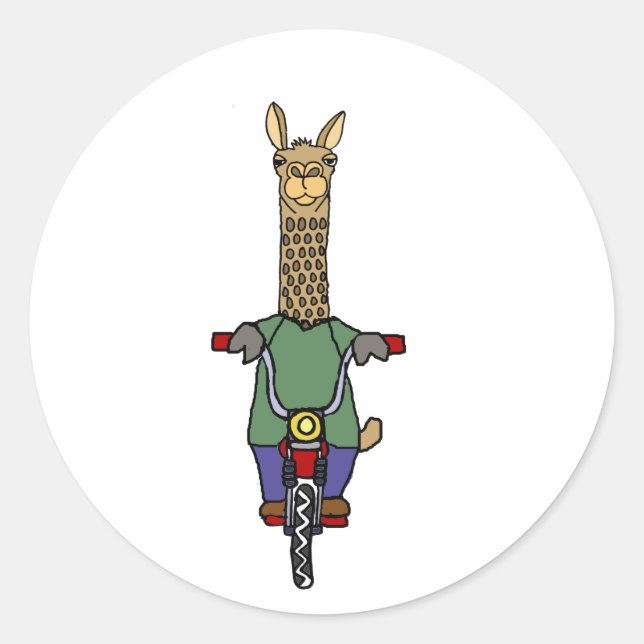 Cooler Llama Riding Bicycle Cartoon Runder Aufkleber (Vorderseite)