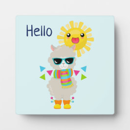 Cooler Llama und lächelnd Kawaii Sun Hallo Fotoplatte