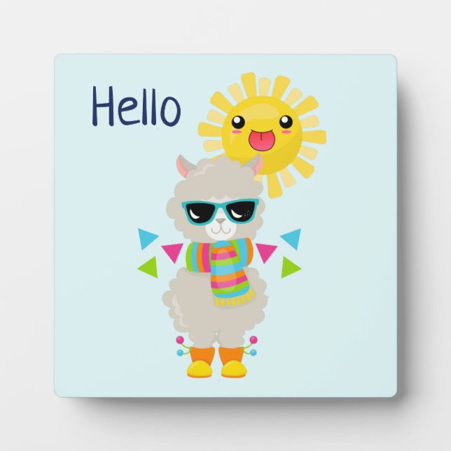 Cooler Llama und lächelnd Kawaii Sun Hallo Fotoplatte (Vorderseite)