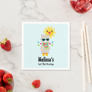 Cooler Llama und lächelnde Kawaii Sonne Geburtsta Serviette