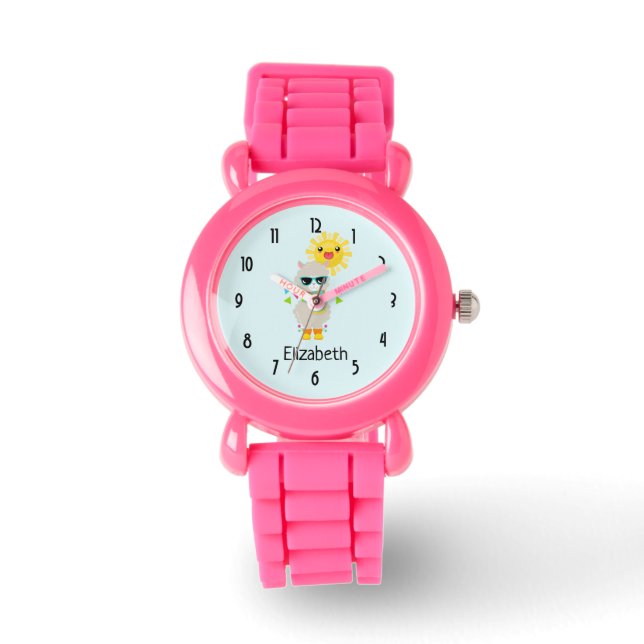 Cooler Llama und lächelnde Kawaii Sun Armbanduhr (Vorderseite)