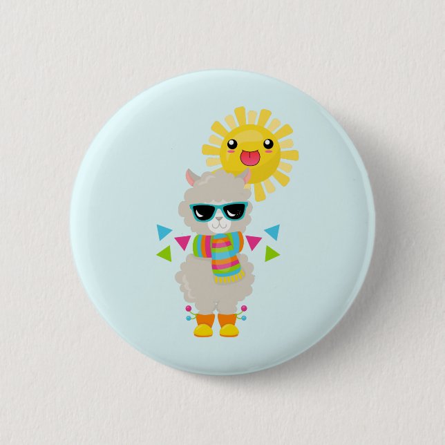 Cooler Llama und lächelnde Kawaii Sun Button (Vorderseite)