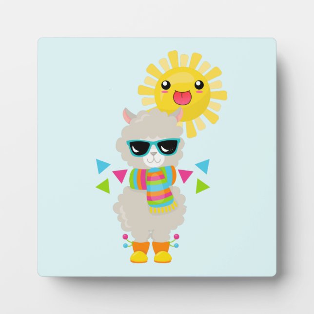 Cooler Llama und lächelnde Kawaii Sun Fotoplatte (Vorderseite)