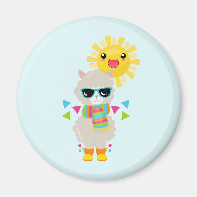 Cooler Llama und lächelnde Kawaii Sun Magnet (Vorne)