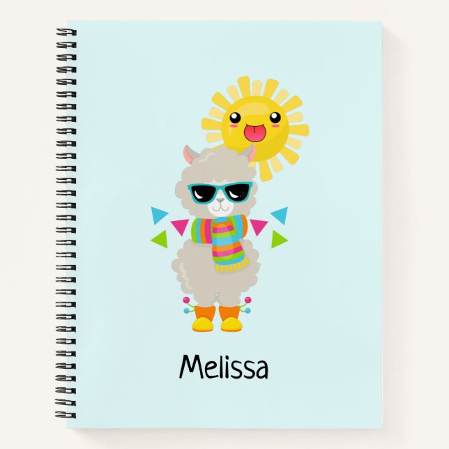 Cooler Llama und lächelnde Kawaii Sun Notizbuch (Vorderseite)