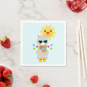 Cooler Llama und lächelnde Kawaii Sun Serviette