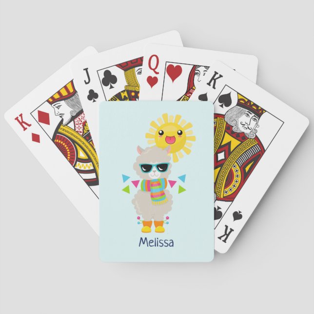 Cooler Llama und lächelnde Kawaii Sun Spielkarten (Rückseite)