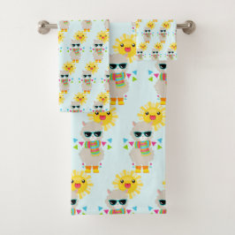 Cooler Llama und lächelndes Kawaii-Sonnenmuster Badhandtuch Set