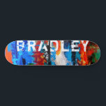Cooler, moderner, Abstrakter Individuelle Name Skateboard<br><div class="desc">Cool Modern Abstrakte Individuelle Name Skateboard bietet Ihren personalisierten Namen in der modernen Typografie auf einem abstrakten Hintergrund in Rot, Orange, Blau, Grün, Schwarz und Weiß. Personalisieren Sie diese, indem Sie den Text in dem dafür vorgesehenen Textfeld bearbeiten. Geben Sie Ihrem Lieblingskateboarder zu Weihnachten, Geburtstag oder Ihrer BESTE FREUNDIN ein...</div>