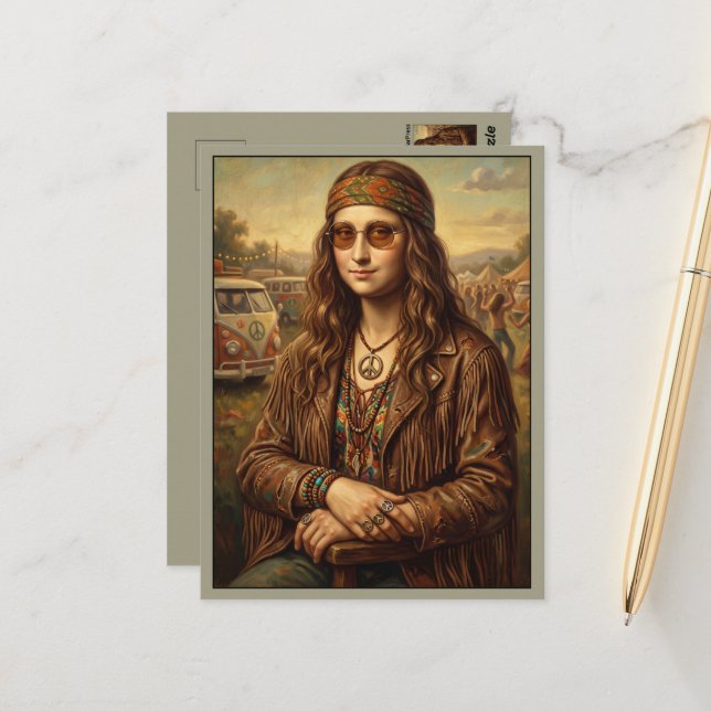 Cooler Mona Lisa Hippie Campervan Postkarte (Vorderseite/Rückseite Beispiel)