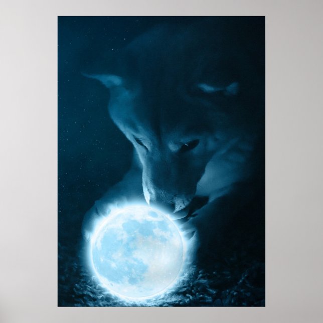 Cooler mystischer Fantasiewolf, der den Mond hält Poster (Vorne)