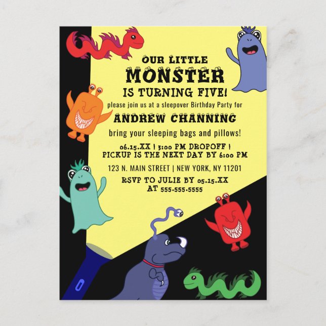 Cooler Niedlicher Monster Blitzlicht-Epoche Geburt Einladungspostkarte (Vorderseite)