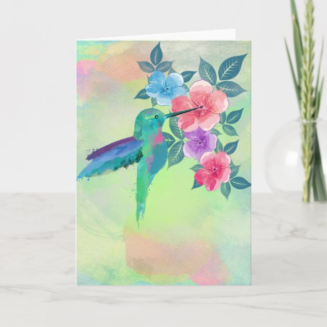 Cooler niedlicher trendy Wasserfarbekolibri mit Karte (Vorderseite)