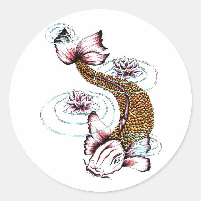 Cooler orientalischer Koi Carp Fisch Rosa Lotus Runder Aufkleber (Vorderseite)
