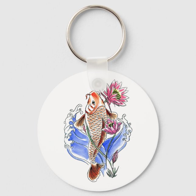 Cooler Orientalischer Koi Karpfen Fisch Lotus tatt Schlüsselanhänger (Vorderseite)