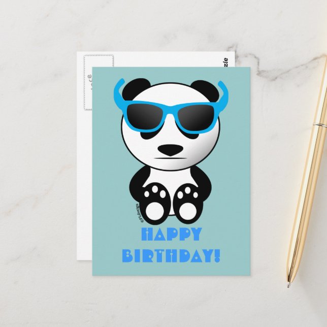 Cooler Panda mit Sonnenbrille | Happy Birthday Blu Postkarte (Vorderseite/Rückseite Beispiel)