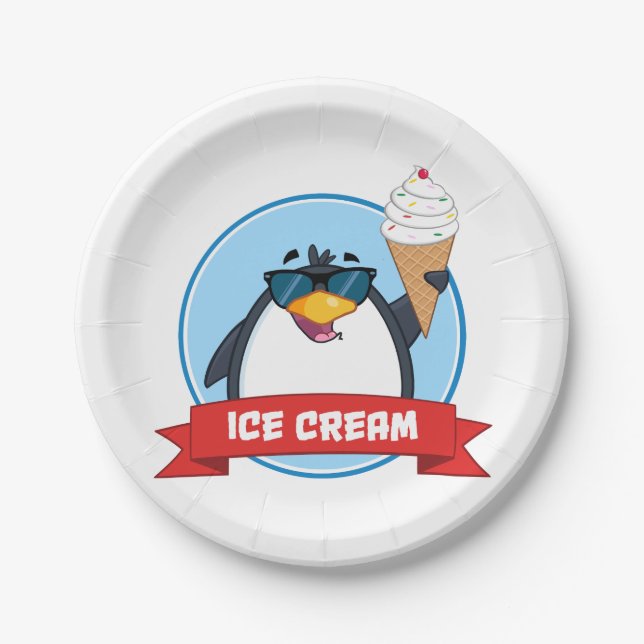 Cooler Pinguin mit Eiscreme Pappteller (Vorderseite)