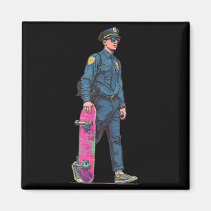 Cooler Polizist mit farbenfrohem Skateboard-Kostüm Magnet
