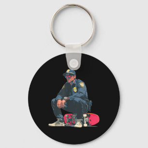 Cooler Polizist mit Sonnenbrille und Skateboard fü Schlüsselanhänger