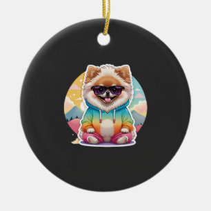 Cooler Pomeranian in Regenbogen-Hoodie Keramik Ornament