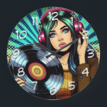 Cooler Pop Art Comic Stilfserei mit Vinyl Album Große Wanduhr<br><div class="desc">Pop Art Comic Mädchen mit Kopfhörer auf Musik hören und eine Schallplatte in ihren Händen.</div>