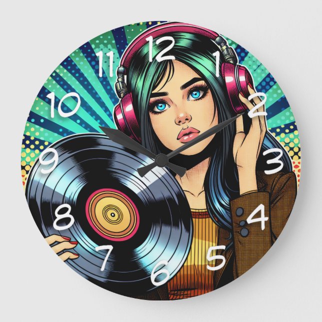 Cooler Pop Art Comic Stilfserei mit Vinyl Album Große Wanduhr (Vorderseite)