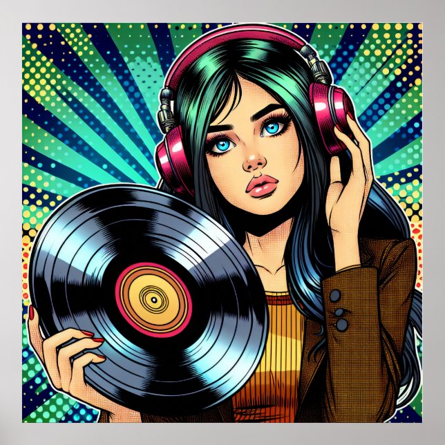 Cooler Pop Art Comic Stilfserei mit Vinyl Album Poster (Vorne)
