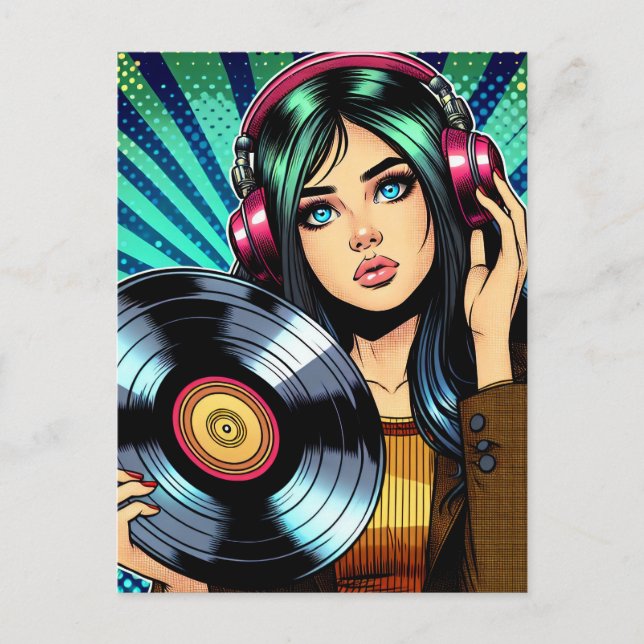 Cooler Pop Art Comic Stilfserei mit Vinyl Album Postkarte (Vorderseite)