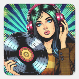 Cooler Pop Art Comic Stilfserei mit Vinyl Album Quadratischer Aufkleber