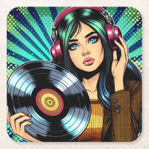 Cooler Pop Art Comic Stilfserei mit Vinyl Album Rechteckiger Pappuntersetzer