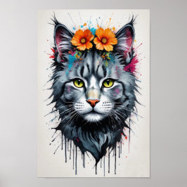 Cooler Pop Kunstfarbene Katze Mit Blume Portrait Poster